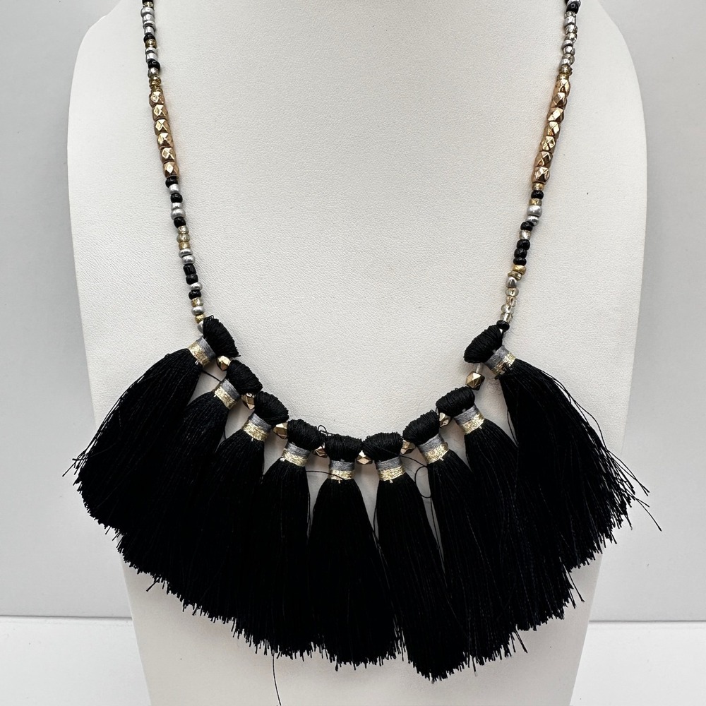 Vintage 90s Boho Black Tassel Statement Necklace Gold & Silver Tone Beaded Bib